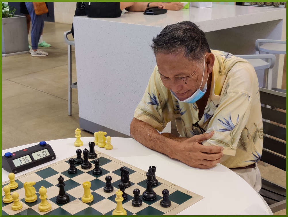 May 4th, 2021. Bob playing chess at Ka Makana Alii.
