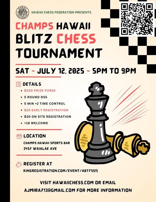 Flyer of the chess tournament at Champs Sports Bar.
